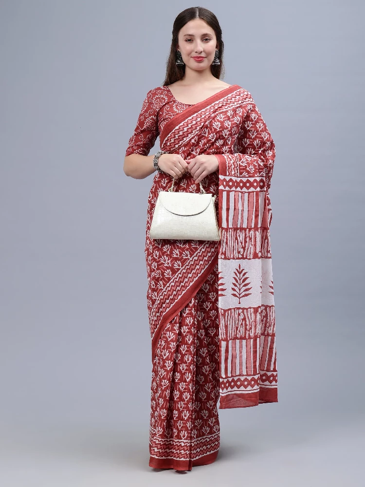 Maroon White Printed Malmal Cotton Saree-4.webp
